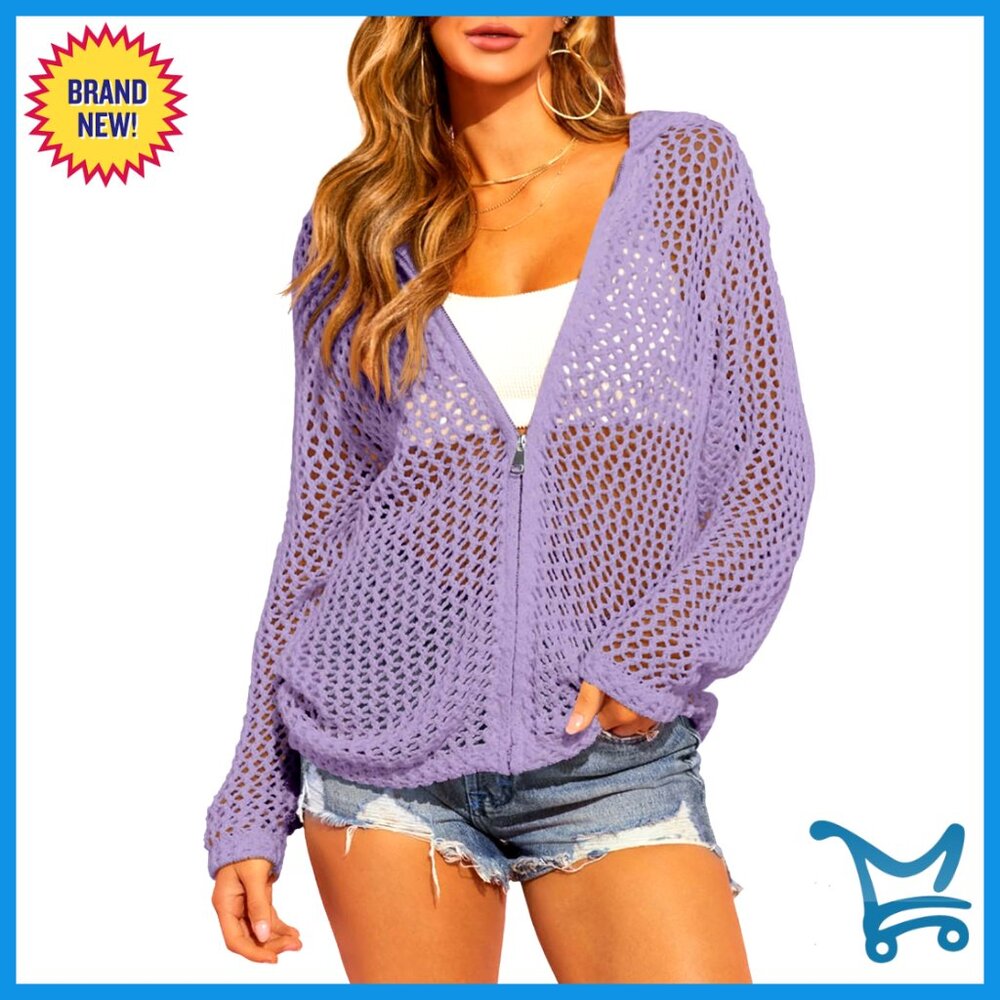 Zip Up Hooded Crochet Cardigan Long Sleeve Mesh Beach Cover Up